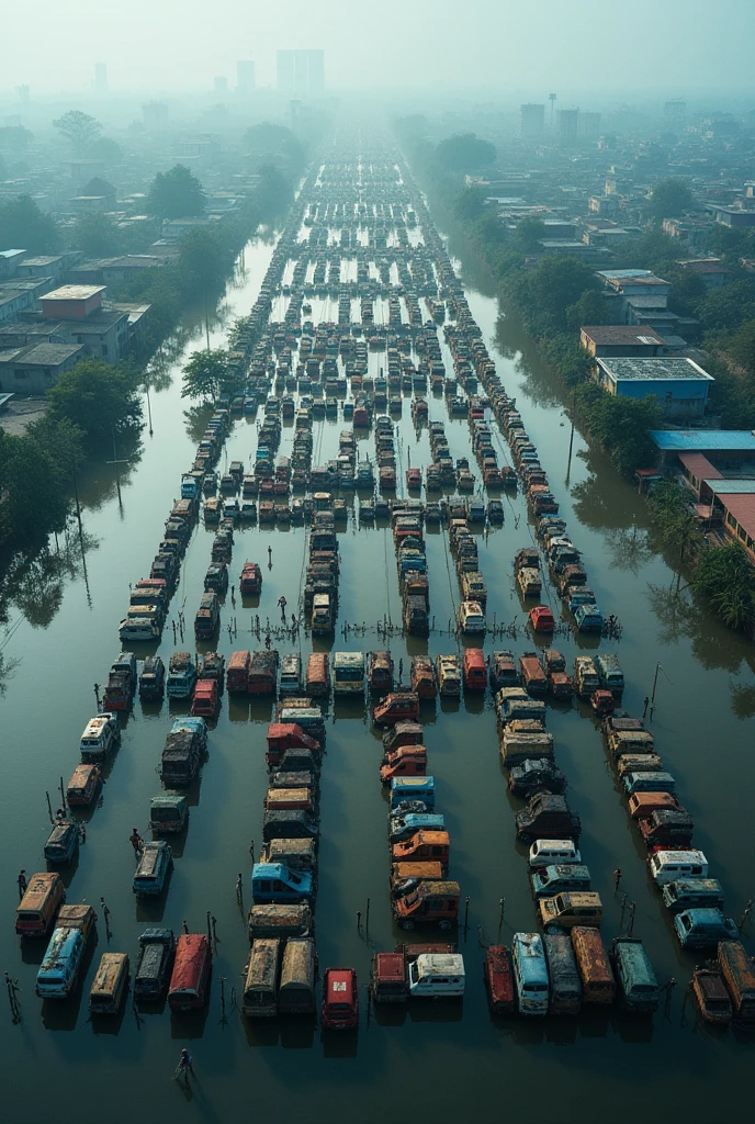 Create an aerial view of a vast flooded city with buildings in the distance. The foreground is filled with countless vehicles and tents arranged in a grid pattern, forming large letters that spell out 'PRAY FOR TRIPURA'. The scene should convey a sense of urgency and focus, with the letters made up of the vehicles and tents standing out prominently against the FLOODED background.