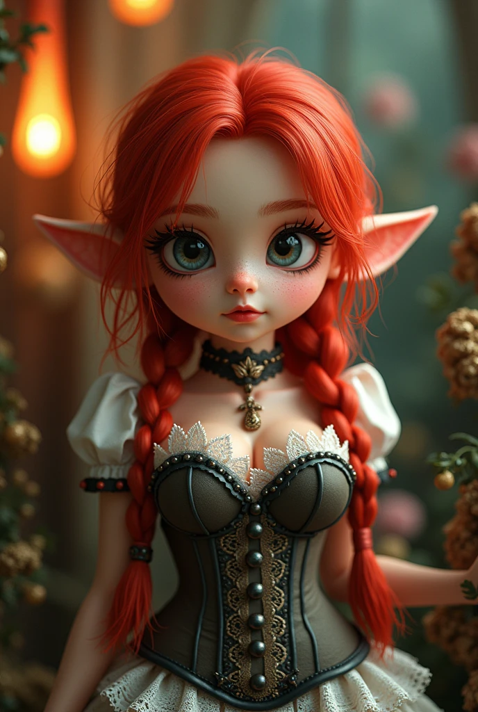 a little gnome with bright red braided hair wearing a corset and white lace shirt, large breasts, intricate details, beautiful detailed eyes, beautiful detailed lips, extremely detailed eyes and face, long eyelashes, fantasy, Whimsical, Colorful, Colors vibrant,warm lighting,detailed backgrounds,(best quality,4k,8K,high resolution,masterpiece:1.2),ultra detailed,(Realistic,photoRealistic,photo-Realistic:1.37)