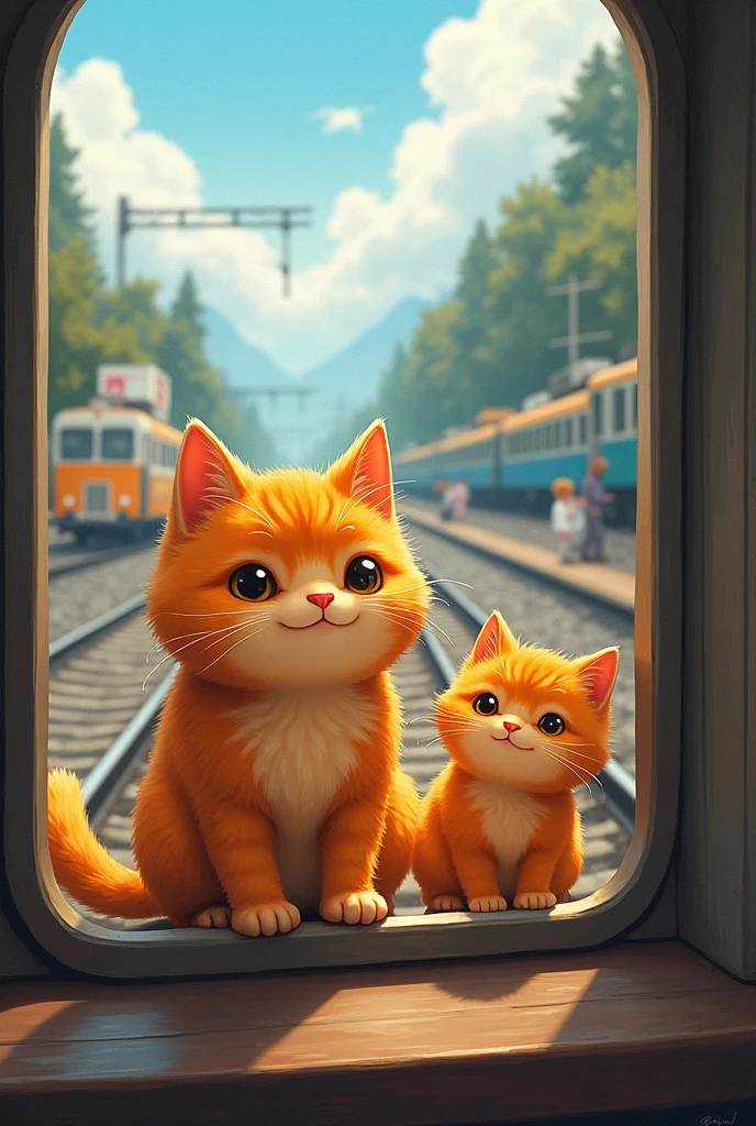 Write a Story of "an orange hair chubby cat traveling with his chubby orange kitten from the railway station to a bus crash The train jolts and begins to descend a steep incline, the scenery outside becoming increasingly chaotic.