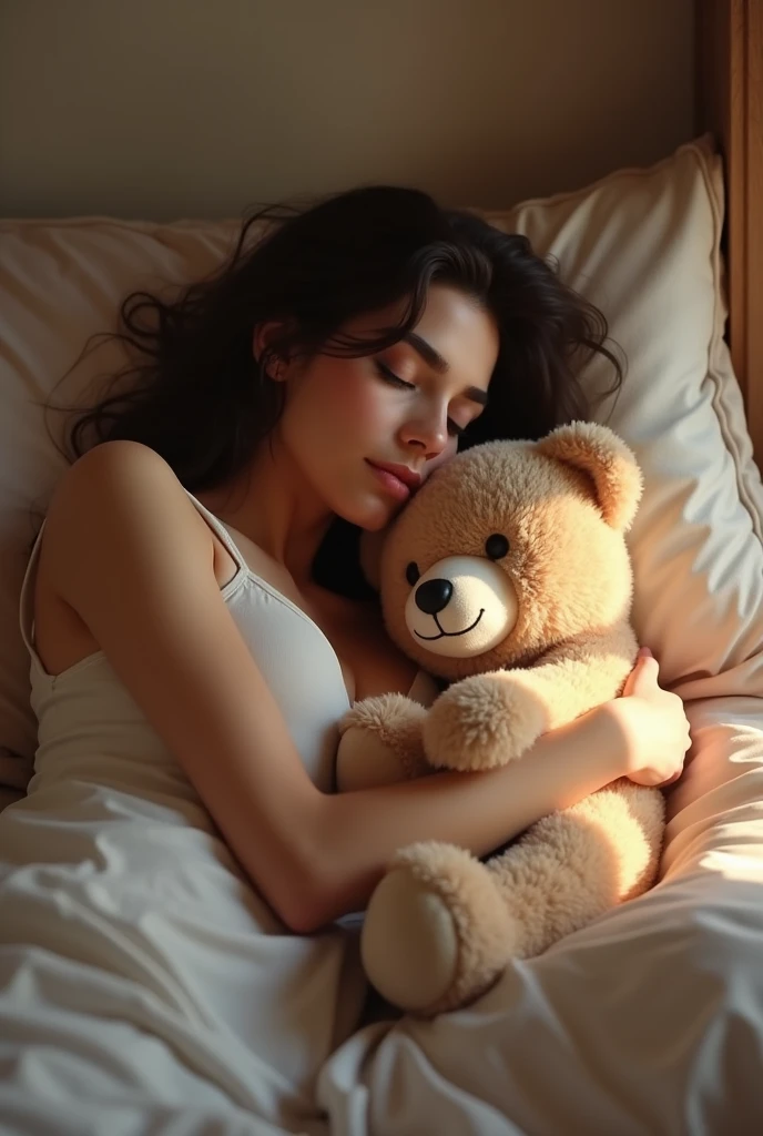 Dua Lipa on her bed hugging her teddy bear