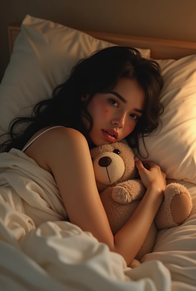 Dua Lipa on her bed hugging her teddy bear