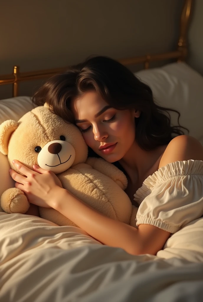 Dua Lipa on her bed hugging her teddy bear