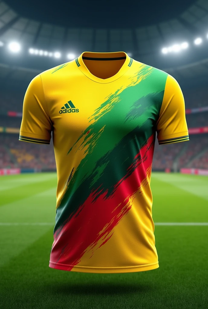 Football shirt with a new design that does not exist, using only yellow colors, green and red so that the design is clear on the front and back