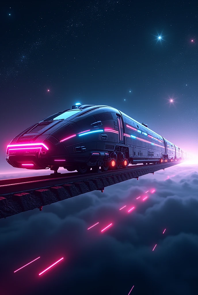 floating neon train in space