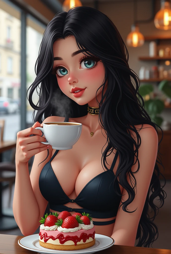 Girl with long hair, black in color, blue colored eyes. with big breasts, slim with hips and ass, no belly. dressed ,, in jeans and a tight top, having a coffee in a cafe and a strawberry and cream cake