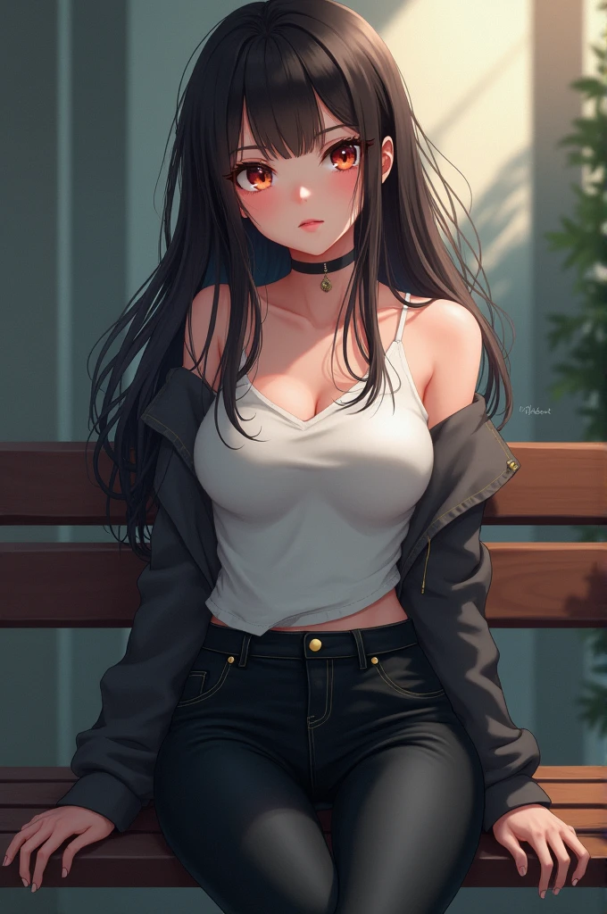 An anime girl wearing a tight black jeans sitting on a bench 
