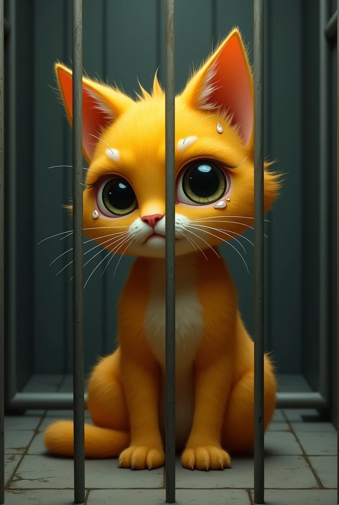 A sad mango cat crying in the jail