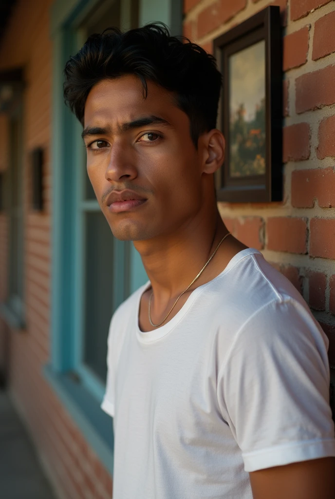 Portrait of a young Colombian man with a serious expression and an introspective look. The subject, approximately 2, He has short dark hair, and facial features that reflect their diverse ethnic heritage. His face features a pronounced jaw and furrowed eyebrows., denoting a determined and thoughtful personality.
He wears a simple white T-shirt that highlights the olive tone of his skin.. At the bottom, A typical urban environment of a Colombian neighborhood can be seen, with brick walls and hanging picture frames, giving a touch of intimacy and familiarity to the scene.
Natural lighting creates a warm and slightly contrasting atmosphere, accentuating the young man's facial features and his serious expression, almost contemplative. There is a sense of cultural connection and roots to one's origins., reflected in the subtle details of the environment that surrounds it.
The image as a whole conveys a narrative about identity, the introspection and strength of character of this young Colombian, inviting the viewer to imagine its history and the context that has shaped it.