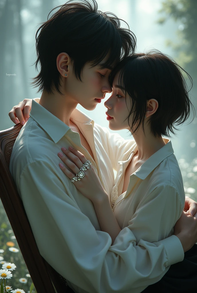 Young girl with brown short hair Mullet male asymmetrical haircut. with open ears, deathly pale skin, white gothic vampire shirt, she leaned against Young guy jeon Jungkook embrace couple in love.  Sitting on the chair,  cool pose wonder model, perfect dentle face,  light Fantasy effect. crystals on the rings.