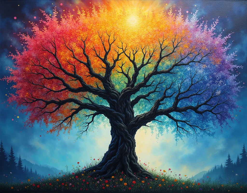 painting of the tree of life with rainbow colors