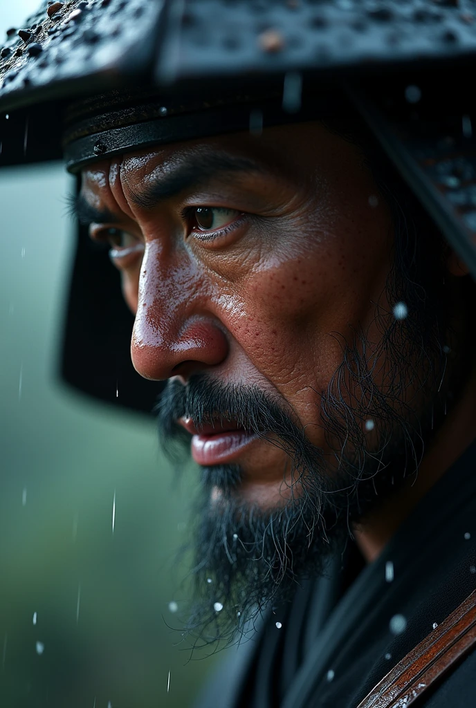 close-up of a samurai's face, rain falling, realism, realism, highlydetailed, dynamic. cinematic, stunning, realisticighting and shadows, dramatic, stunning, 35mmshot, realistic, highly detalied --ar 24:37 --stylize 750 --v 6