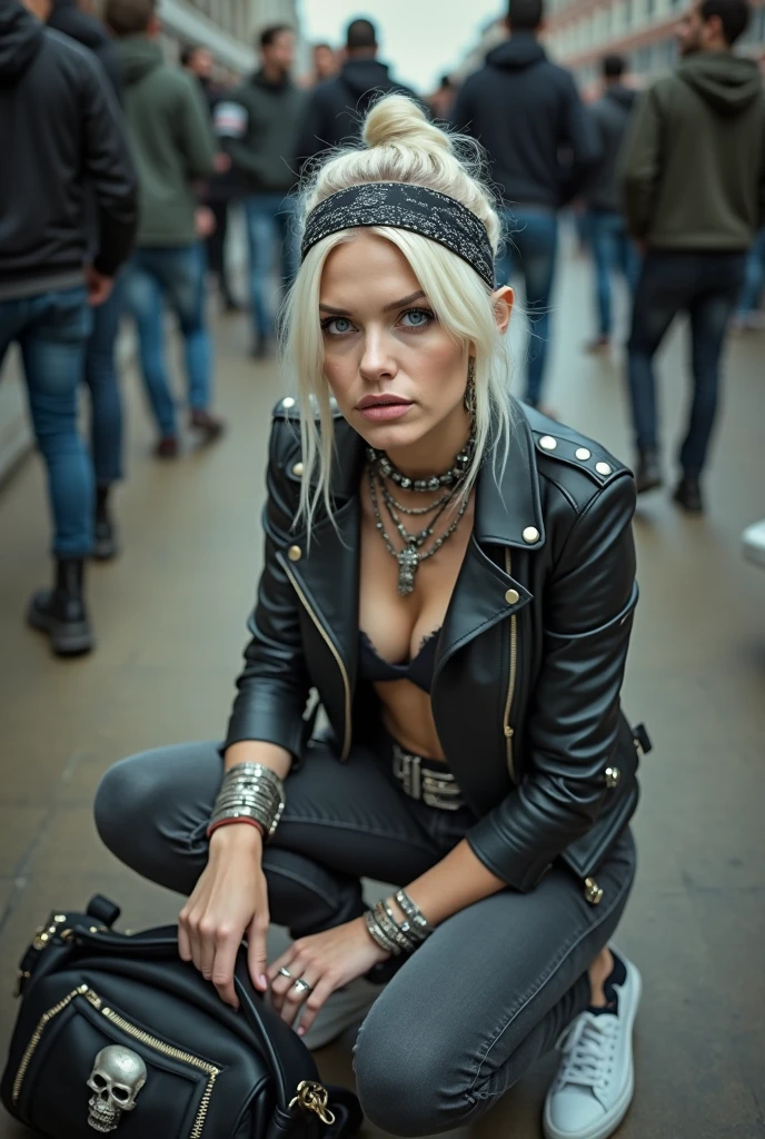 russian old , platinum blonde, hair in top bun ,wide black parsley bandana as headband. Very light blue eyes, pale.. Sad face, big eyes. Wearing black moto jacket with side zippers and pins. Black bra with red lining. black skinny jeans and white tennis sneakers. Lots of metallic bracelets and collars. Tattoed. Tacky wide leather belt with oversized skull and bones buckle. Long earrings. Humbbmissive face, looking at the camera. Mouth open. Studded black leather bag on the floor. Many people around