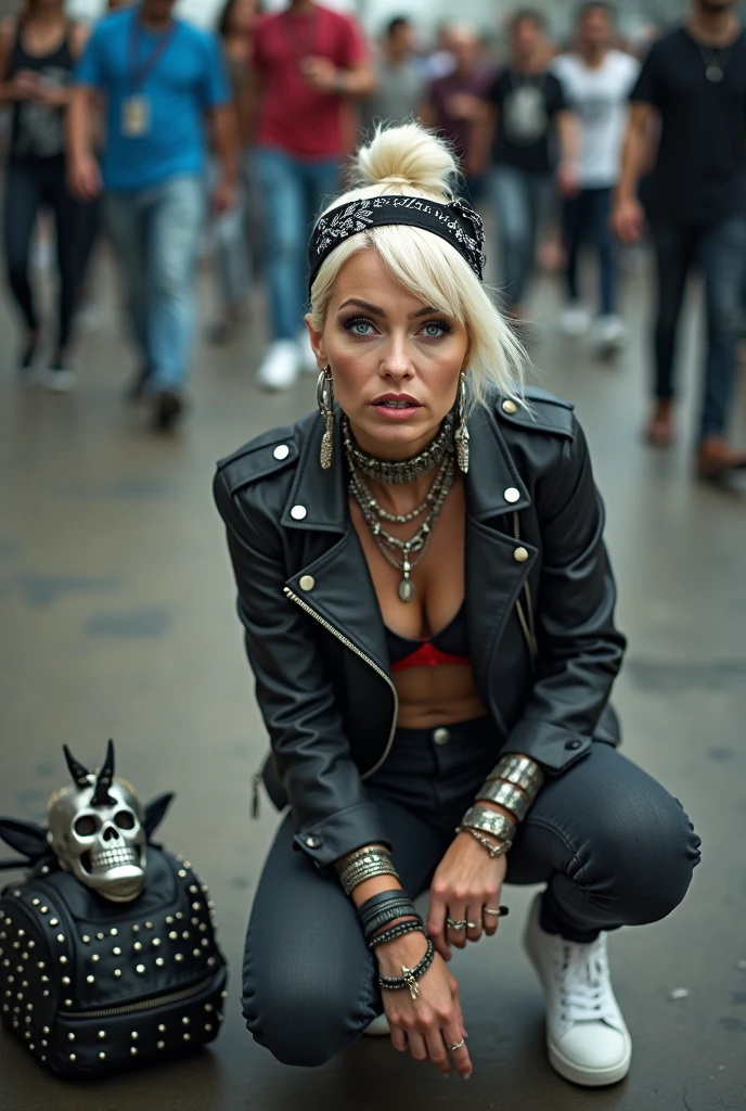 russian old milf, platinum blonde, hair in top bun ,wide black parsley bandana as headband. Very light blue eyes, pale.. Sad face, big eyes. Wearing black moto jacket with side zippers and pins. Black bra with red lining. black skinny jeans and white tennis sneakers. Lots of metallic bracelets and collars. Tattoed. Tacky wide leather belt with oversized skull and bones buckle. Long earrings. Humble, submissive face, looking at the camera. Mouth open. Studded black leather bag on the floor. Many people around