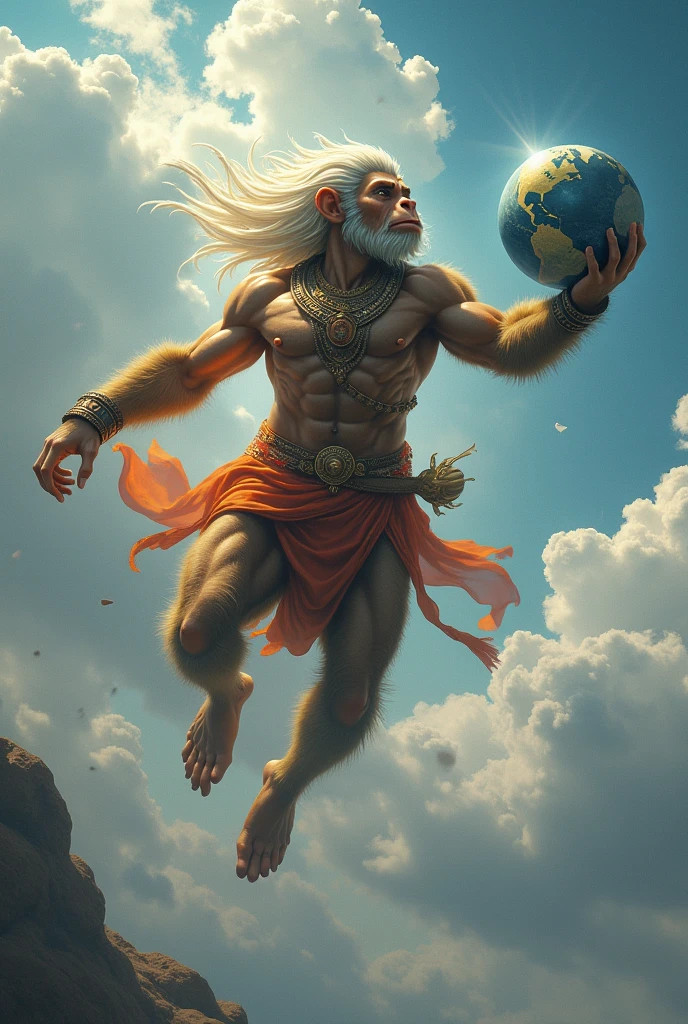 The lord hanuman fly on the sky and his hand have the earth 