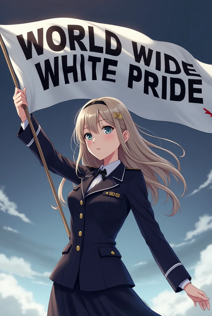 Anime girl militaire qui brandit le drapeau World wide white pride écrit en noir et blanc 