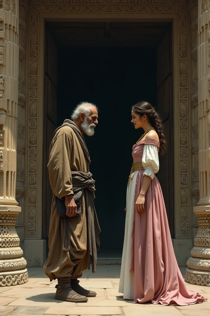 a beggar and a lady talking in front of the temple gate