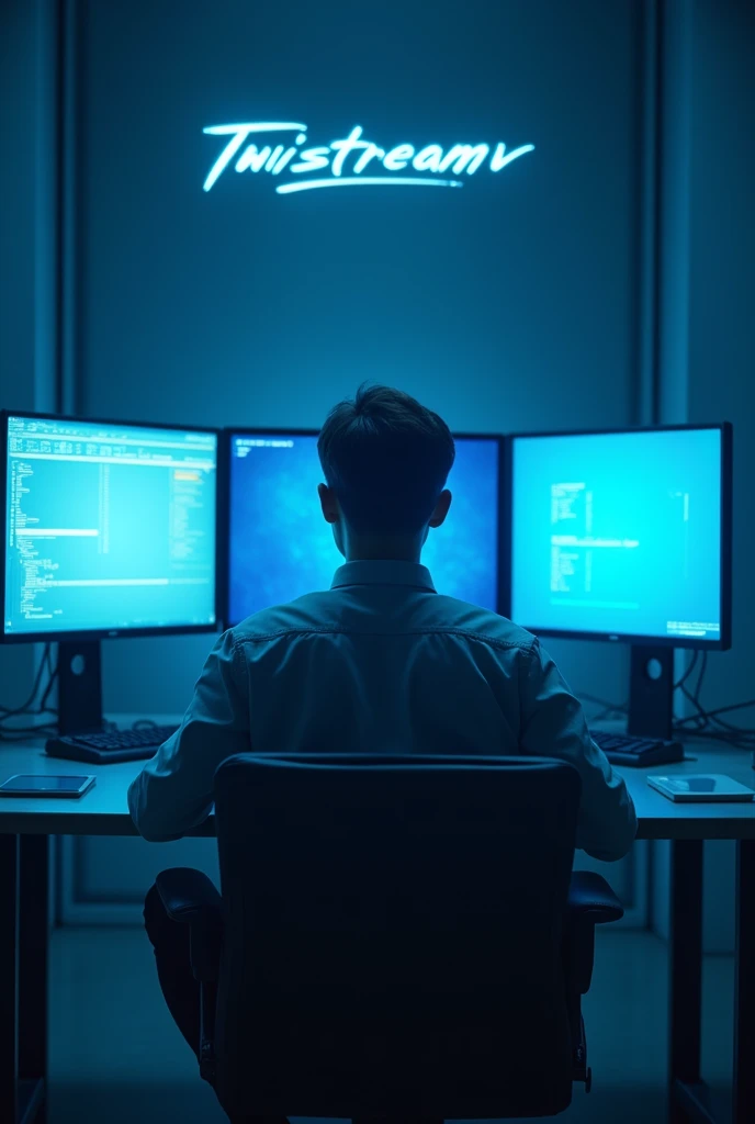 Il y a un homme assis à un bureau avec deux écrans d'ordinateur., éclairage bleu et cinématique, Post-production 8k, Post-production 8K, Éclairage bleu cinématographique, Post-production 8k, Post-production 8K, composition, Cyberpunk Clay, avec éclairage cinéma, éclairage aux couleurs cinématographiques, Prise de vue cinématographique, Rendu 3D 8K tir, Portrait pris en 8Kavec le logo de "Twistreamv en bleu "