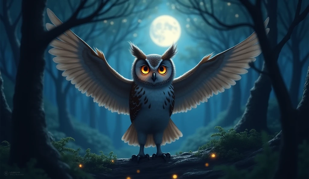 The wise owl hoots at night, watching the sky
Guiding the forest with gentle light.
With big round eyes and silent flight,
He watches over until the morning light.
