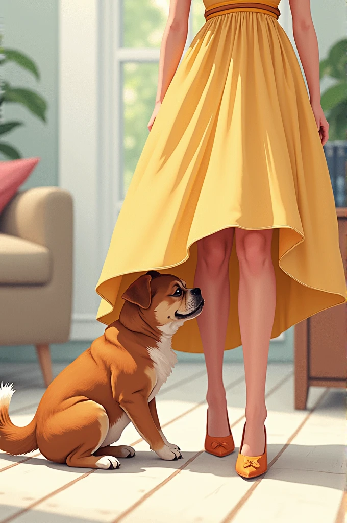 Dog sniffing woman under dress