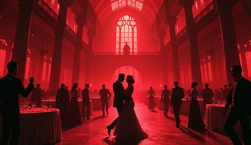 huge, a very large gothic ballroom, filled with red light, with high glass ceilings. The hall is scary and gloomy, inside him dance the dark and gloomy, but beautiful, People. Women in long, revealing and elegant dresses, and the men in formal suits. There are small round tables at the edges., with an abundance of glasses of wine. Many people proudly dance the waltz in pairs, measuredly and without showing emotion on the large dance floor in the middle. There is a beautiful balcony at the very end of the hall., On it stands the host of the ball, shrouded in darkness and watching the celebration. Некоторые People держат в руках бокалы. Need more space for dancing. 