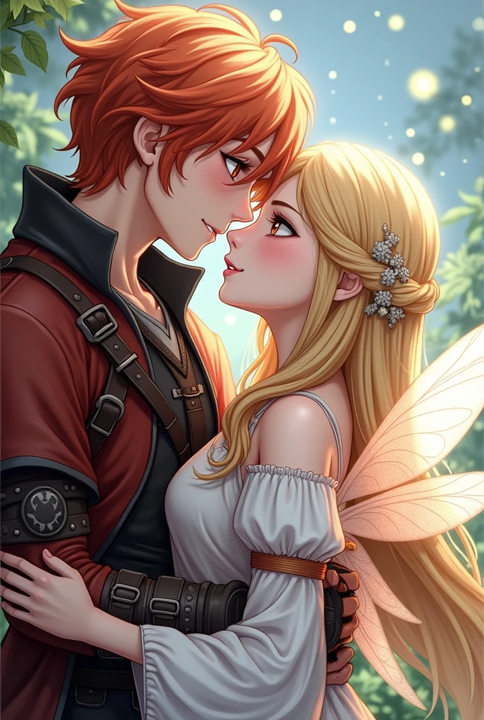 Girl with fairy wings, Yellow hair, Brown eyes ,gentle face, kissing a red haired boy ,Red eyes, handsome adventurer clothes,