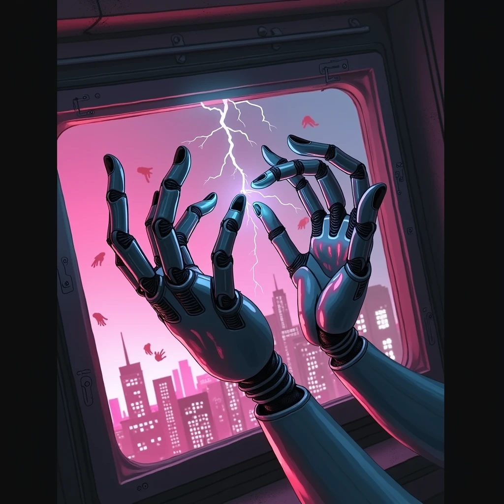 2 robotic arms trying to reach to eachother with neon lights reflection on their metal skin.cyberpunkish and the arms features like a human hand. Fregile and one girlish one hand of a man. Like a digital painting. Not so realistic. Representing horror and terror. Kinda sad environment. Each hands shoud have 5 fingers. They're trying to touch eachother but a neon electricity is made between them when they wanna do that. More pink and blue neon lights rather than red. More anime painting like.with neon futuristic building and banner in the background.  With other floatinf hands in the air. All hands should be black metal robotics. Darker background. More beautiful arms long fingers and fregile with 5 fingers like a human hands each. No nails. both hands having longer fingers like a claw. Much Longer fingers. Not so realistic. The whole picture should be like a waterbrush painting