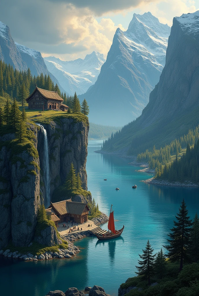 Create an A3-sized landscape of a Viking settlement on the edge of a vast fjord. The scene features sturdy wooden longhouses with thatched roofs, surrounded by a dense forest of tall, evergreen trees. The settlement sits atop a cliff overlooking the deep blue waters of the fjord, with jagged rocks and small waterfalls cascading down to the shore. In the background, towering, snow-covered mountains rise under a dramatic sky filled with dark clouds and a hint of golden sunlight breaking through. Viking longships are docked at a small harbor, with warriors and villagers going about their daily lives. The atmosphere is a blend of tranquility and the wild, untamed spirit of the Viking age.