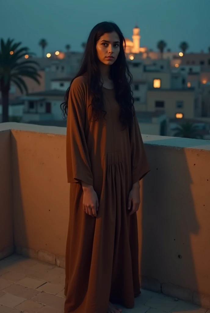 (une fille), marocaine, seule, cheveux longs, résistance (djellaba marocaine brune pied nu ), portrait (plan moyen), portrait, gros plan, point de vue, fond flou, fond (nuit , Au dessus du toit et près du mur du toit , mosquée marocaine , maisons lointaines, fenêtres éclairées, plafond, Veilleuse), (image réaliste, haute qualité, meilleure qualité : 1,55),