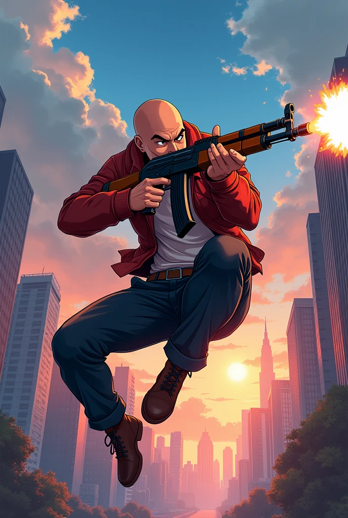 anime normal bald guy shooting up in the air with AK-47