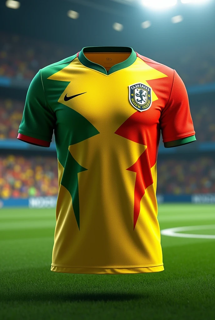 Football shirt with a new design that does not exist, using only yellow colors, green and red so that the design is clear on the front and back
