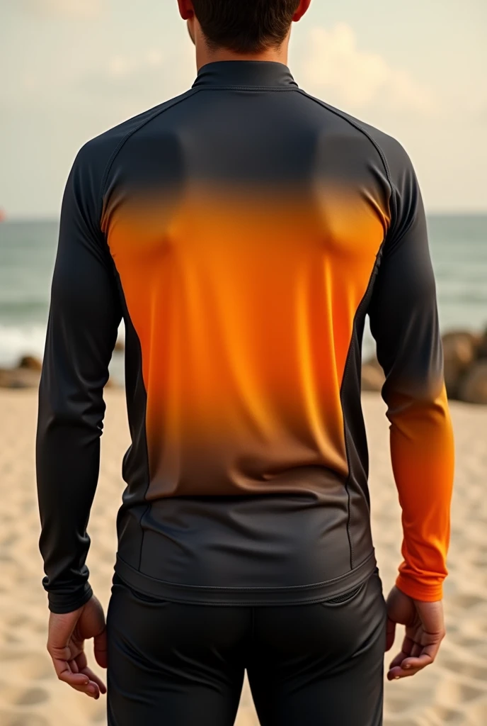 A long sleeve UV shirt in black with a gradient to orange-yellow, facing the front.