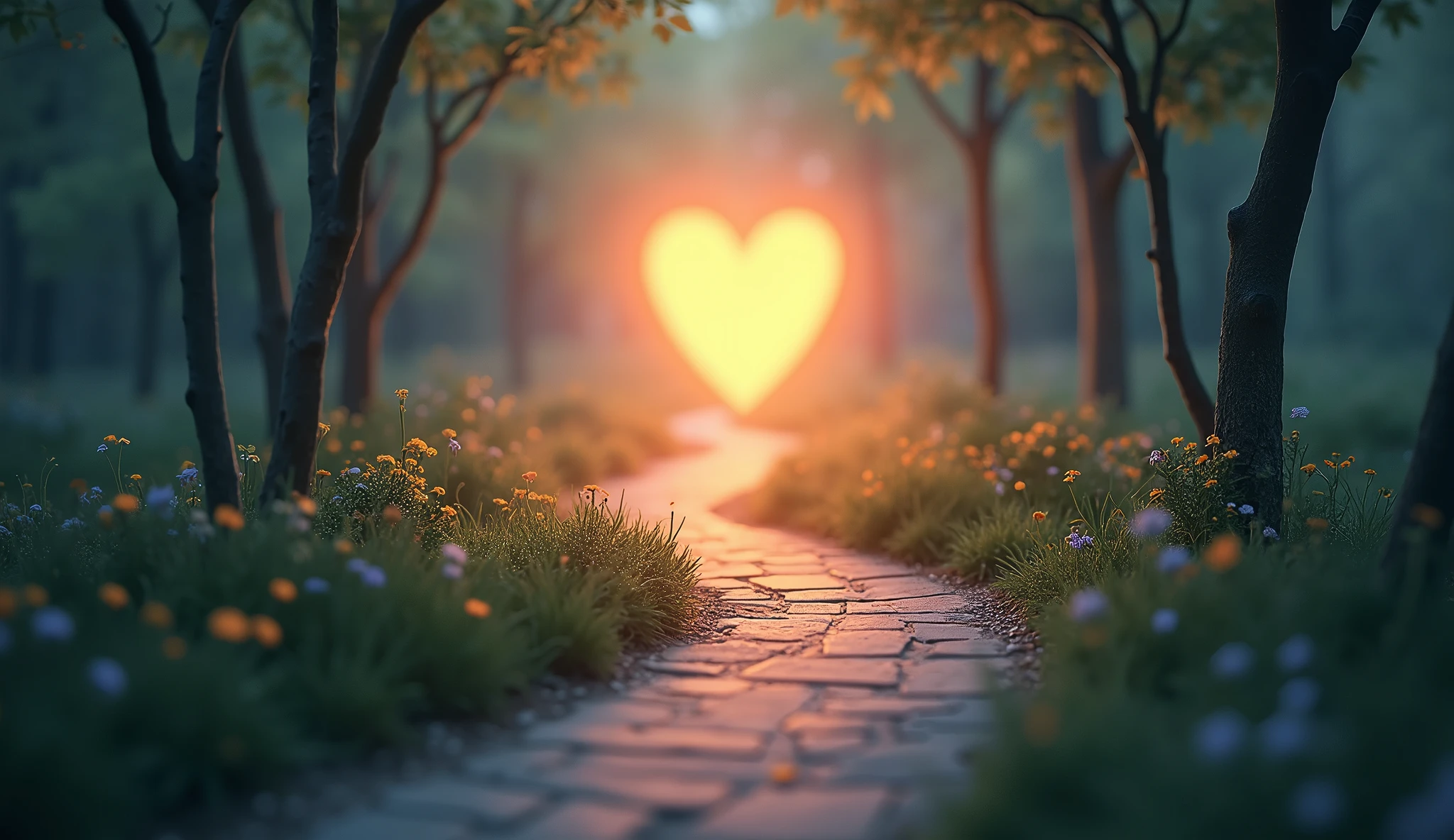 an abstract realistic photography style illustration of a beautiful path with a radiant heart at the end in 1920x108 dimension