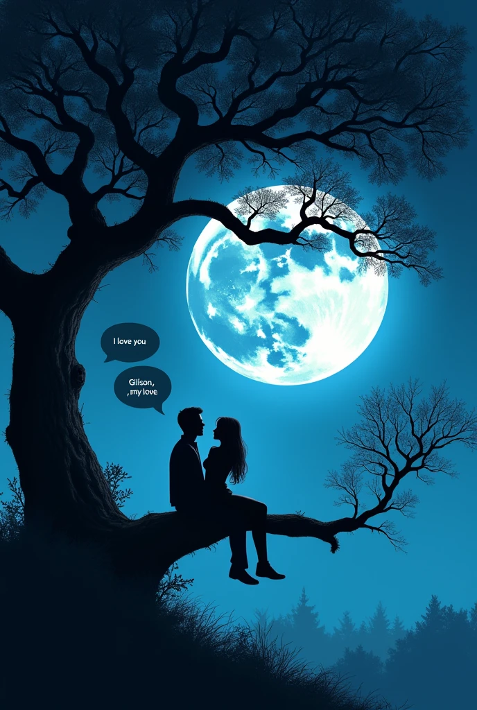 Confession in the moonlight, a couple sitting on a branch of a majestic tree under the moonlight, 2 speech bubbles, speech bubble on the left says "I love you Gilson , my love", speech bubble on the right says “I love you too Werica"