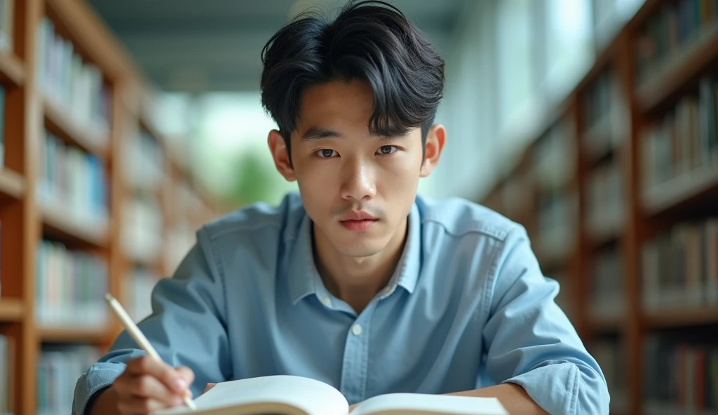 A Japanese male college student with short hair wearing fashionable light blue clothes is studying with a serious expression,Excited, Photo of your face, In a beautiful library, with a natural look, With a slightly tired look, tilt your face a little, Diagonal orientation, Average face