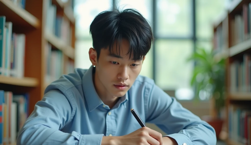 A Japanese male college student with short hair wearing fashionable light blue clothes is studying with a serious expression,Excited, Photo of your face, In a beautiful library, with a natural look, With a slightly tired look, tilt your face a little, Diagonal orientation, Average face