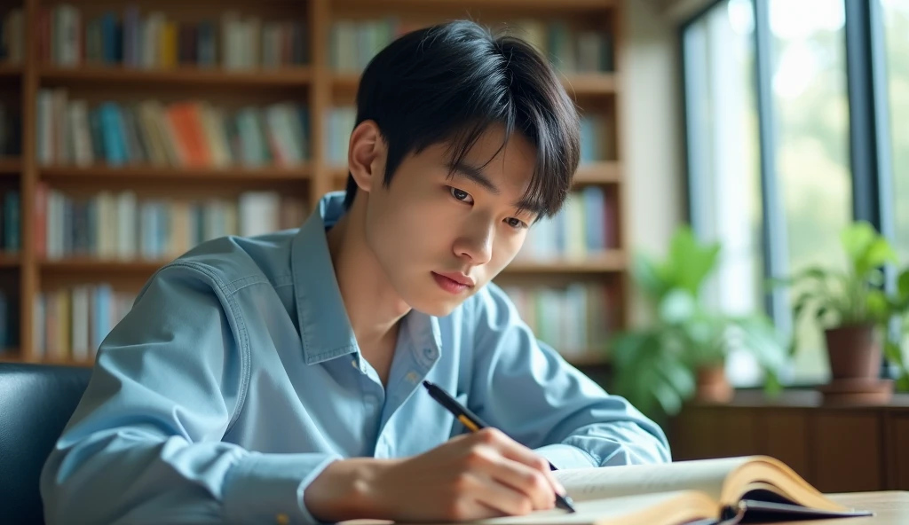 A Japanese male college student with short hair wearing fashionable light blue clothes is studying with a serious expression,Excited, Photo of your face, In a beautiful library, with a natural look, With a slightly tired look, tilt your face a little, Diagonal orientation, Average face