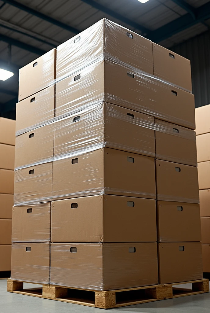 I want a Pallet full of big cardboard boxes of Oreo (don't show the brand just the representative cookie), tightly wrapped in plastic paper. 