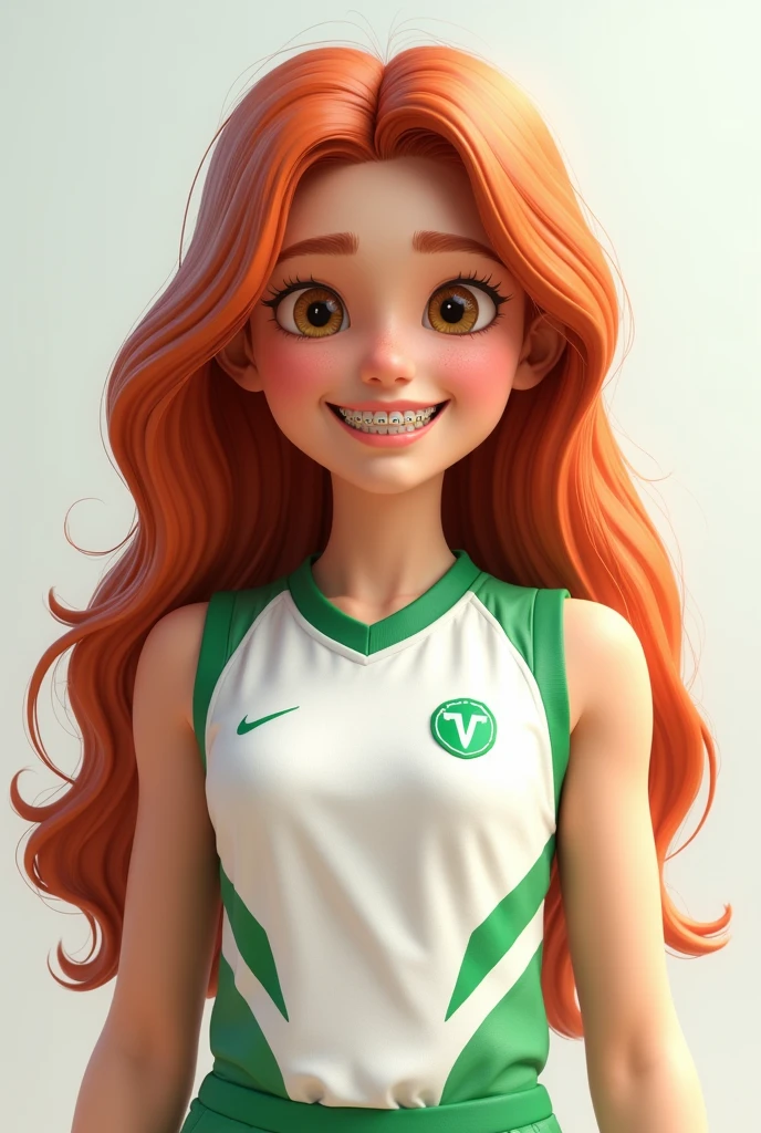 Create a brunette girl with long copper hair with braces in a white and green sports uniform