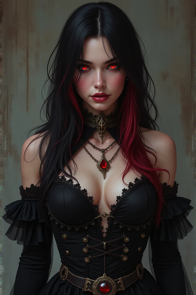 Beautiful and fit woman character with red demon eyes, black hair and red hair tips, Caucasian skin, and black medieval gothic dress.