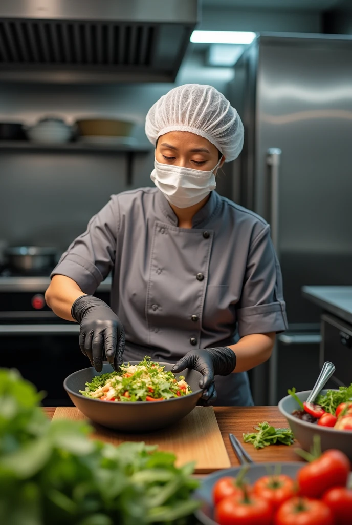 “A realistic image of a middle-aged Thai woman wearing a gray chef’s uniform and a white hairnet, with a surgical mask covering her face. She is standing in a professional kitchen, carefully preparing a salad in a large bowl. Her hands are covered with black rubber gloves, and she is surrounded by fresh vegetables, a cutting board, and various kitchen utensils. The setting is a modern restaurant kitchen with stainless steel appliances, including a stove, refrigerator, and other equipment. The li