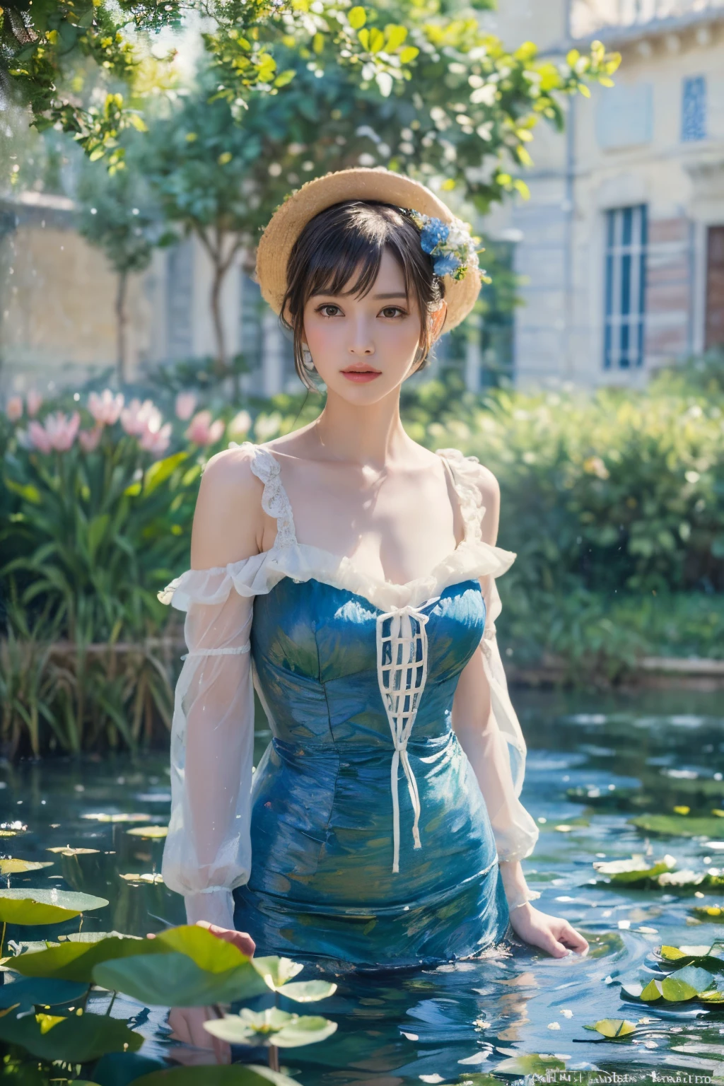 ((masterpiece:1.4, Highest quality)), (Realistic photos:1.4),
((1 person)), (Otherworldly beauty), (dream-like),
(超High resolution:1.2), Very delicate and beautiful, wonderful, Very detailed CG Unity 8k wall paper, Very detailed, High resolution,
Soft Light, Beautiful detailed, Very detailed eyes and face, Beautiful and detailed nose, Beautiful and detailed,
(Dressed in late 19th century French costume:1.3), (Get on a small boat), (night), (Monet's Lotus Pond),
Cinema Lighting, Perfect Anatomy, Slender body, (Parted bangs),
(The world of impressionist painting:1.5), (Impressionist light and colour), (「water lily」),
Cowboy Shot