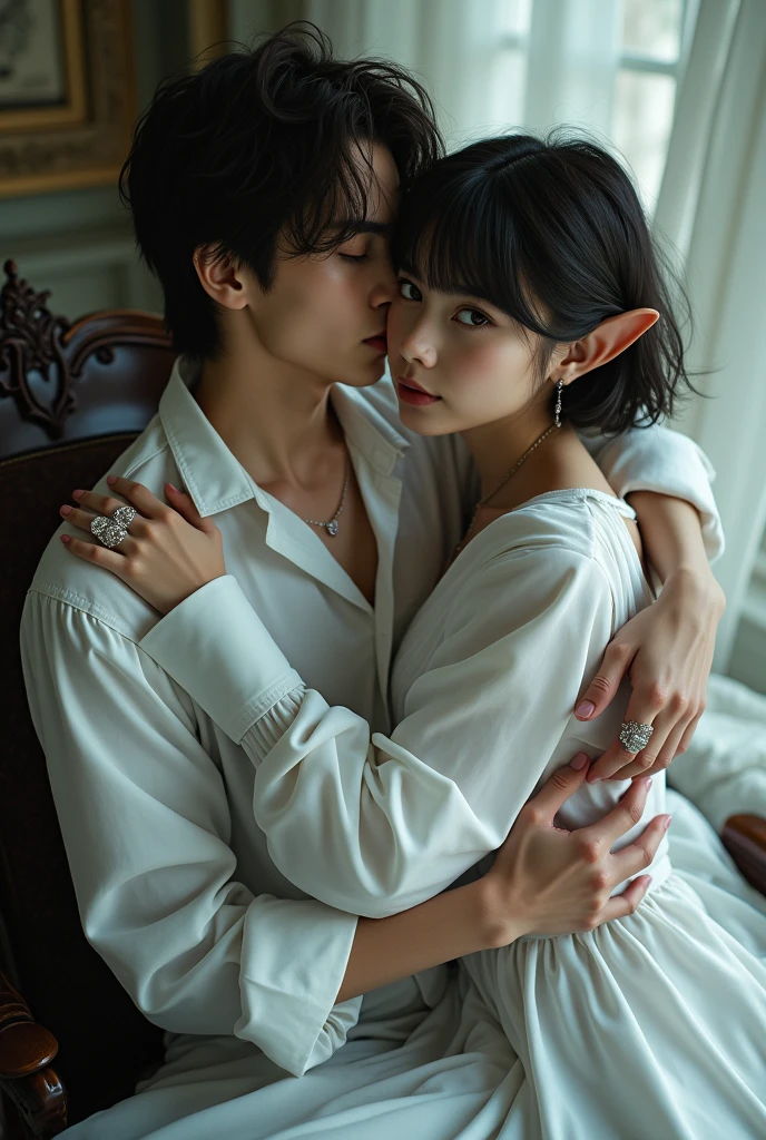 Young girl with brown short hair Mullet male asymmetrical haircut. with open ears, deathly pale skin, white gothic vampire shirt, she leaned against Young guy jeon Jungkook embrace couple in love.  Sitting on the chair,  cool pose wonder model, perfect dentle face,  light Fantasy effect. crystals on the rings.