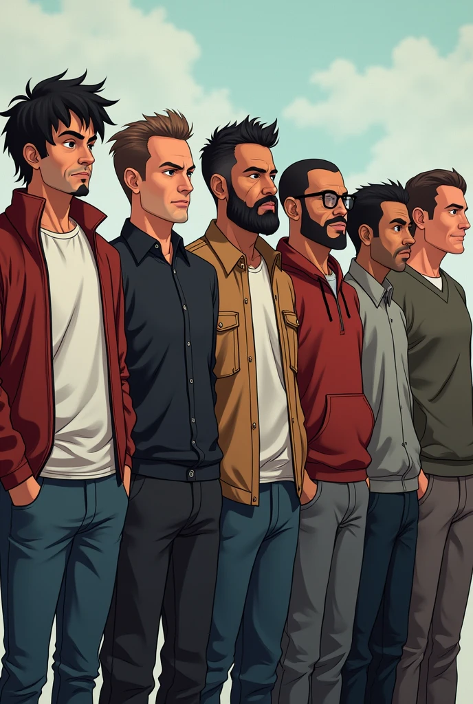 Men standing side by side representing personalities: alcoholic, anime fan, a bogotan, liar, a bearded man, tall and smiling, a short one