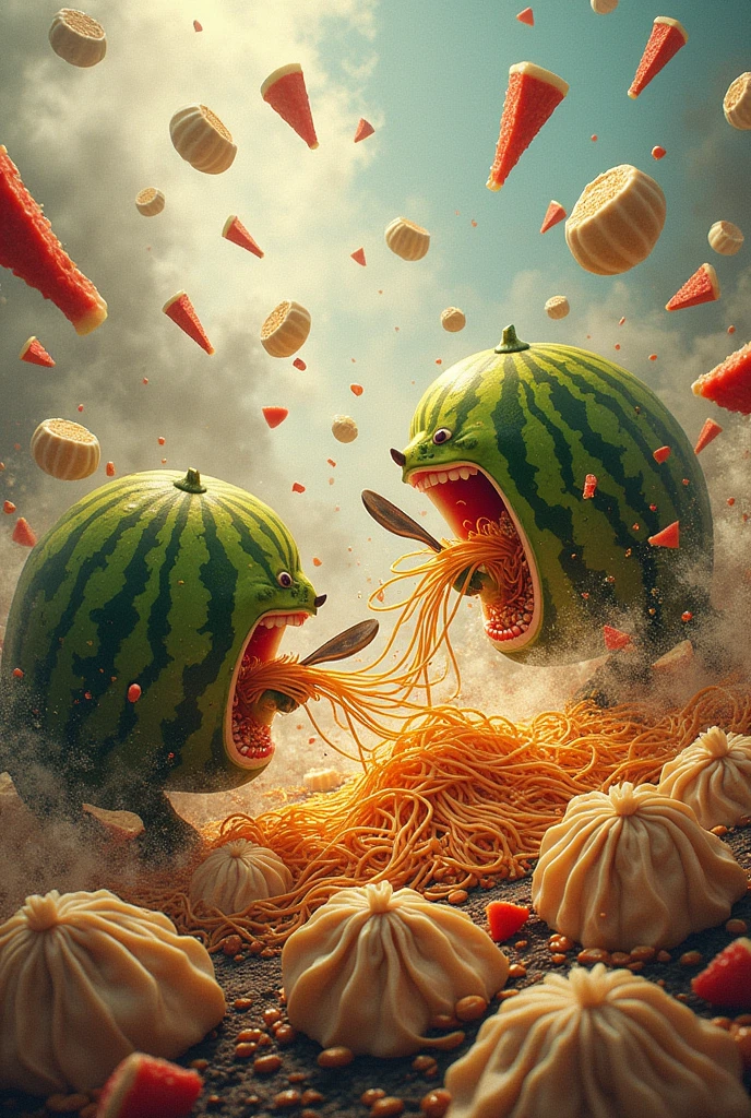war of noodles with dumpling and watermelon