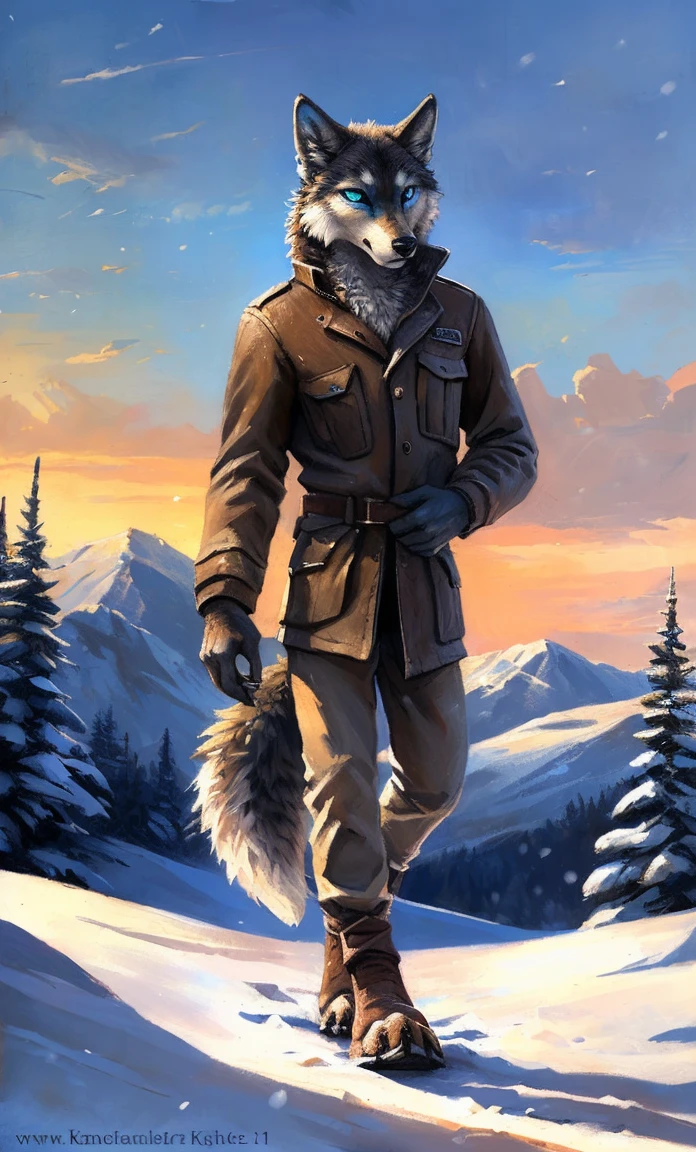 ((Solo)), male people, anthro wolf, (Multi-colored fur, White-brown:1.3,White tail pointed), (Height 2.1m,Tail length 1.2m), ((Wolf face, Big eyes, White eyelids, Blue pupil, Slim:1.2) (Tough, Calm expression:1.2)), Slim, pinging)), (Correct anatomy), (Winter clothing:1.1), The upper body naked, (detailed outfits),A long big tail,Feet,(Realistic fur, Detailed fur texture, labeled:1.3)), (Natural lighting), Photorealistic, Hyperrealistic, ultradetailed, by Kenket,Snowfield,erect through,Running on