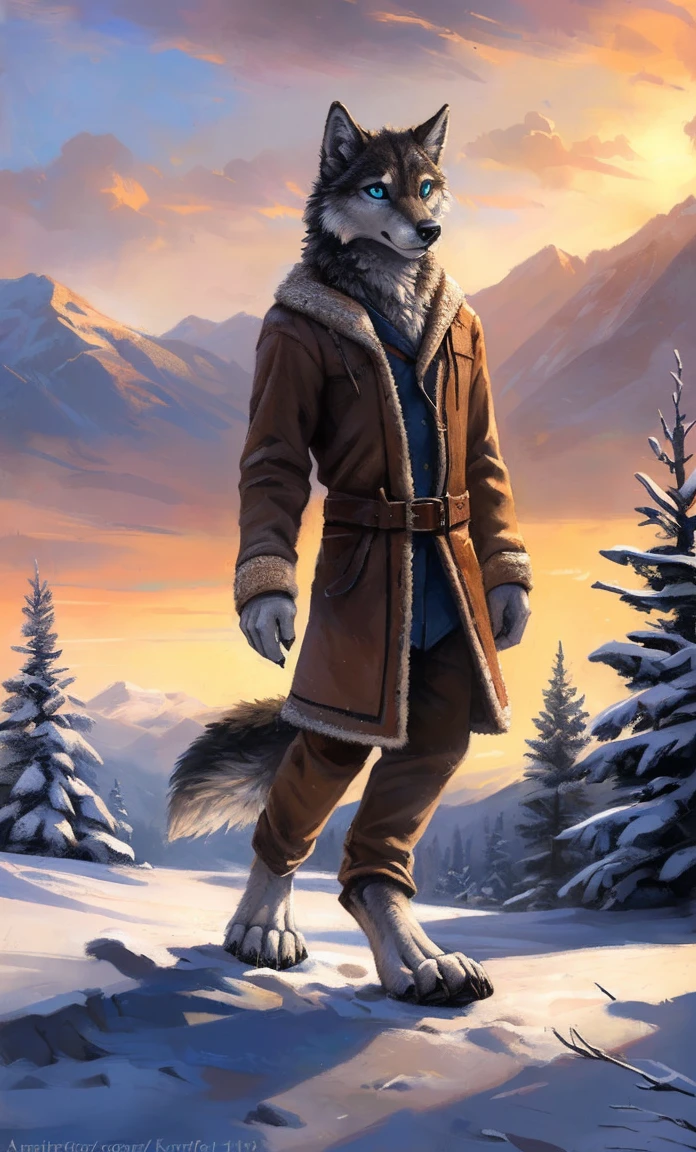 ((Solo)), male people, anthro wolf, (Multi-colored fur, White-brown:1.3,White tail pointed), (Height 2.1m,Tail length 1.2m), ((Wolf face, Big eyes, White eyelids, Blue pupil, Slim:1.2) (Tough, Calm expression:1.2)), Slim, pinging)), (Correct anatomy), (Winter clothing:1.1), The upper body naked, (detailed outfits),A long big tail,Feet,(Realistic fur, Detailed fur texture, labeled:1.3)), (Natural lighting), Photorealistic, Hyperrealistic, ultradetailed, by Kenket,Snowfield,????? through,Running on