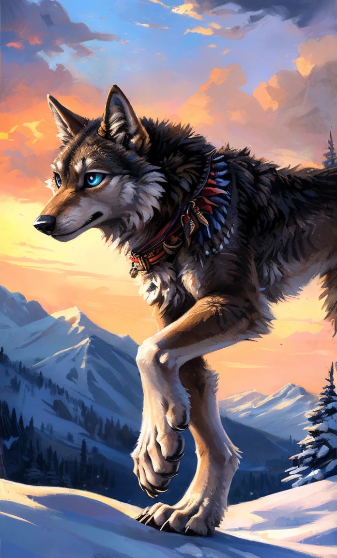 ((Solo)), male people, anthro wolf, (Multi-colored fur, White-brown:1.3,White tail pointed), (Height 2.1m,Tail length 1.2m), ((Wolf face, Big eyes, White eyelids, Blue pupil, Slim:1.2) (Tough, Calm expression:1.2)), Slim, pinging)), (Correct anatomy), (Winter clothing:1.1), The upper body naked, (detailed outfits),A long big tail,Feet,(Realistic fur, Detailed fur texture, labeled:1.3)), (Natural lighting), Photorealistic, Hyperrealistic, ultradetailed, by Kenket,Snowfield,erect through,Running on