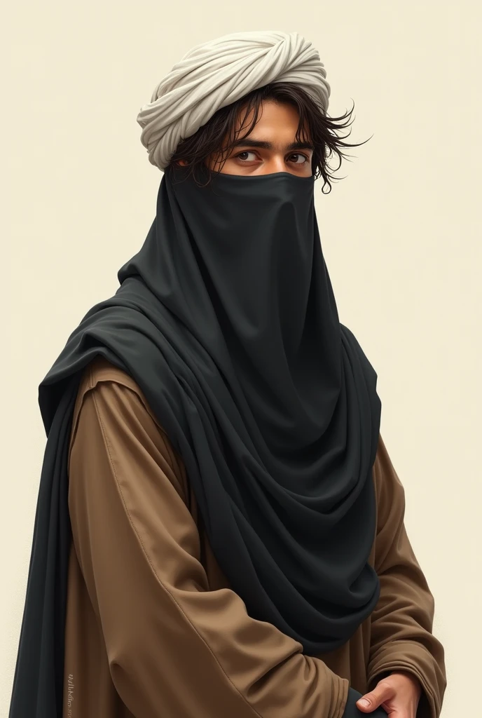 (photorealism:1.2), A man in his twenties. He has a white Islamic turban on his head. wearing a cream colored Islamic robe. wearing a black veil covering her face. her hair is messy. realistic animation drawing.