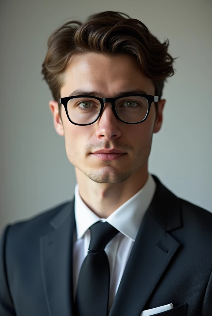 a man in a suit, Wavy hair, short and tidy hair, with black prescription glasses, young man