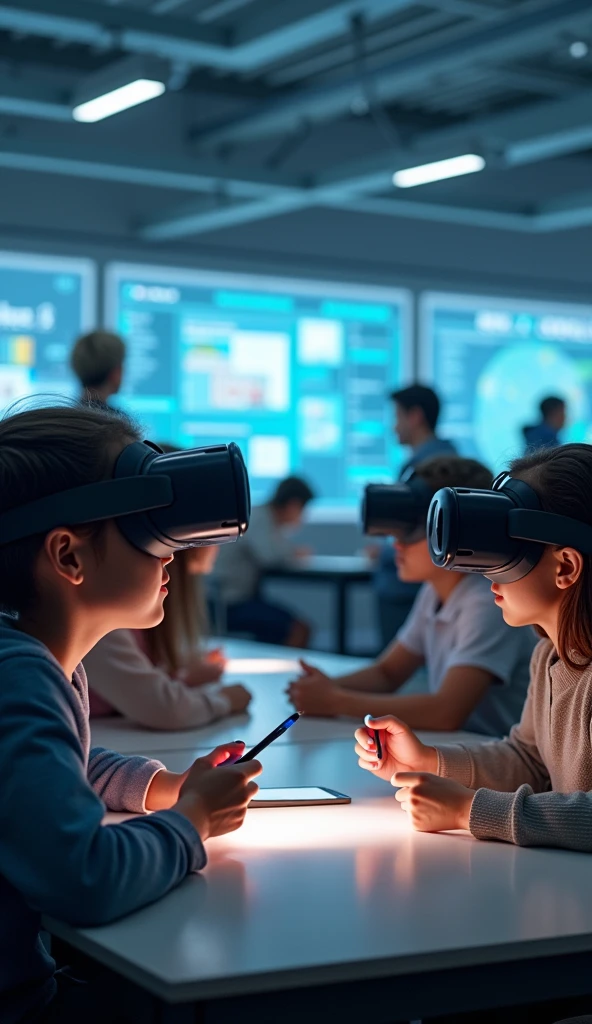 Students engaging with VR headsets and AI in the classroom, enhancing learning through machine learning and interactive technology.